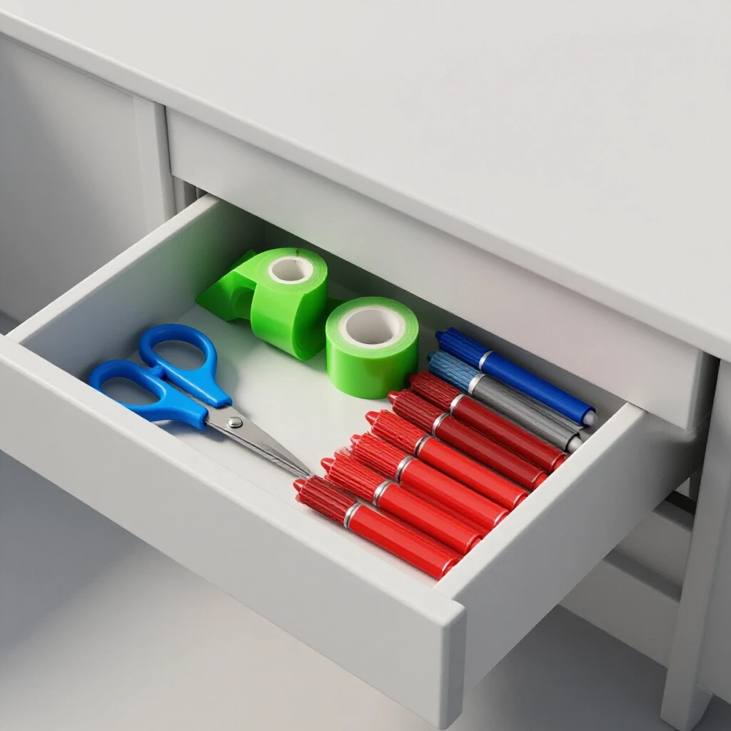 A neatly organized drawer with colorful objects, featuring a slightly askew divider to spark curiosity about its functionality.
