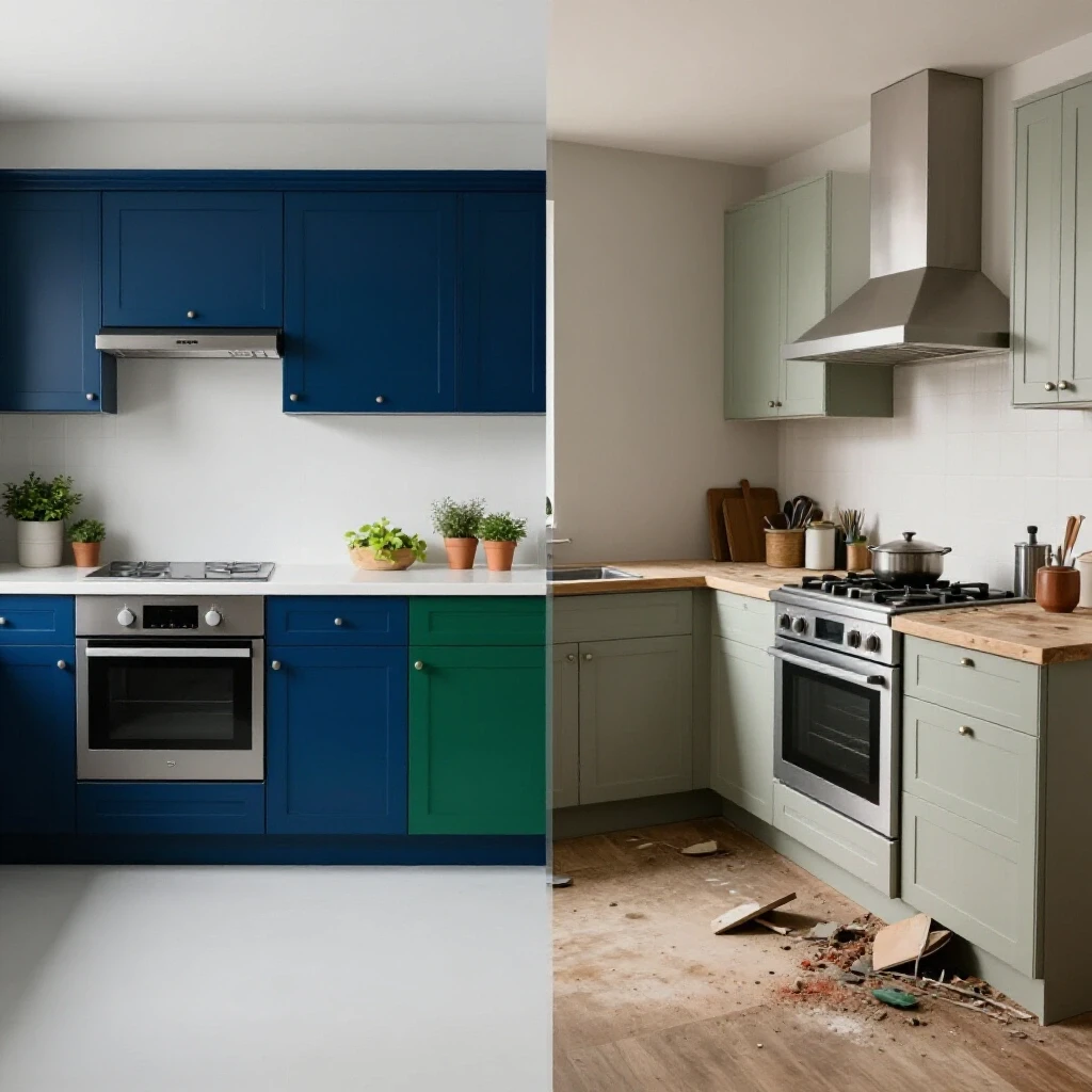 A split-screen image showcasing a beautiful renovated kitchen and a messy outdated kitchen, emphasizing renovation contrast.