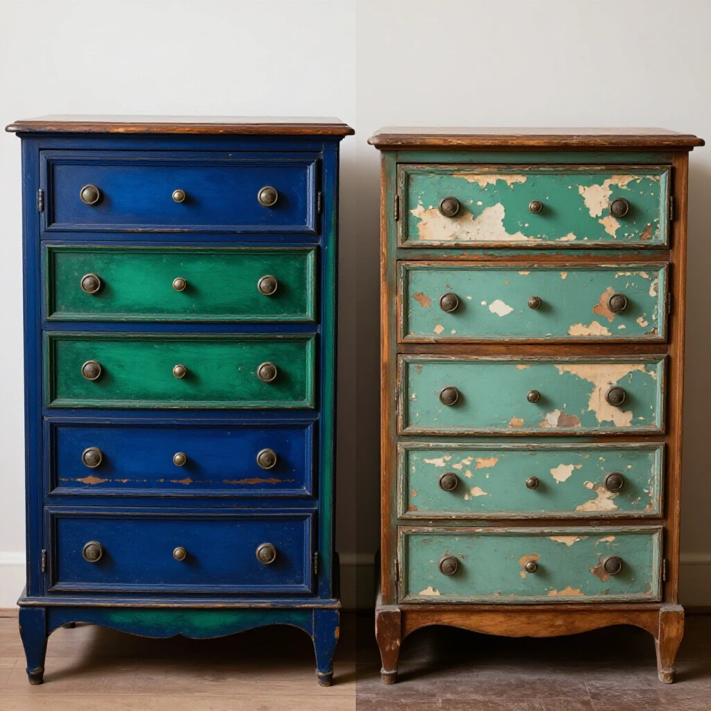 A visually striking split image contrasting a beautifully restored vibrant dresser with a worn-out neglected dresser, illustrating DIY transformation.