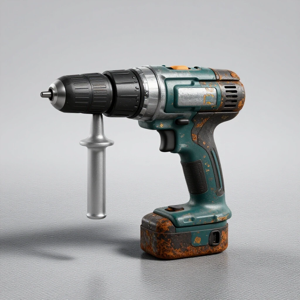 A new shiny drill set next to a rusted old drill set on a textured surface highlighting tool durability.