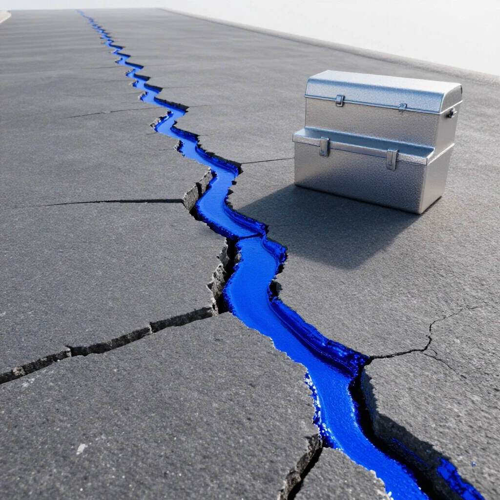 Close-up of a cracked driveway with vibrant blue epoxy being applied, highlighting DIY repair tools.