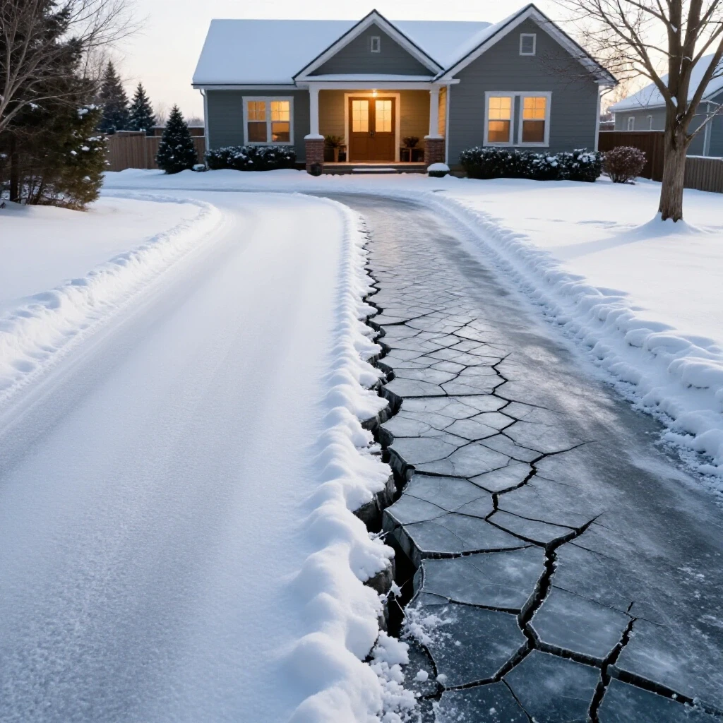 A striking comparison of a well-repaired, snow-covered driveway alongside a cracked, icy driveway, symbolizing winter repair solutions.