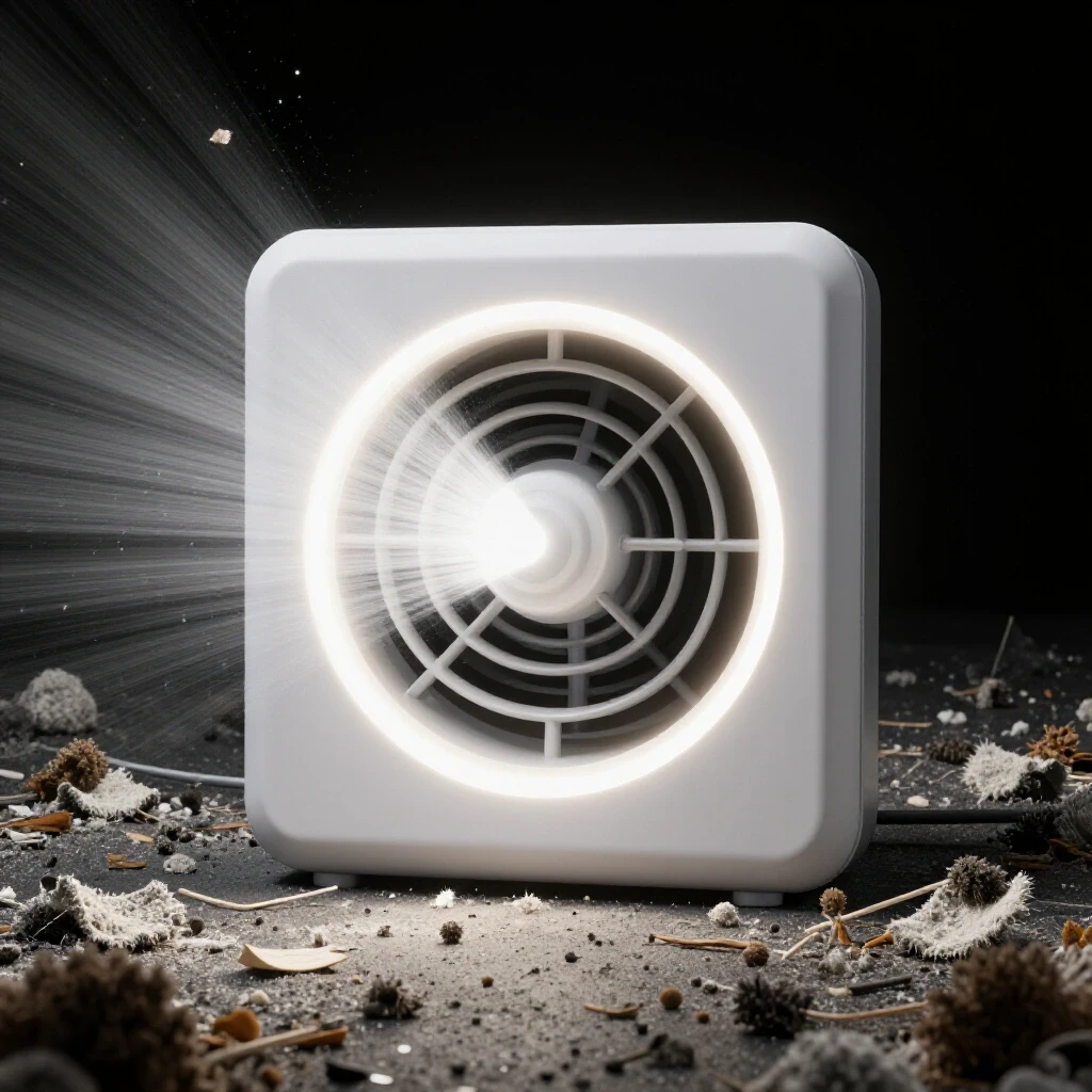 A spotless dryer vent surrounded by dark lint and debris, illuminated with a sparkling light beam to signify cleanliness.
