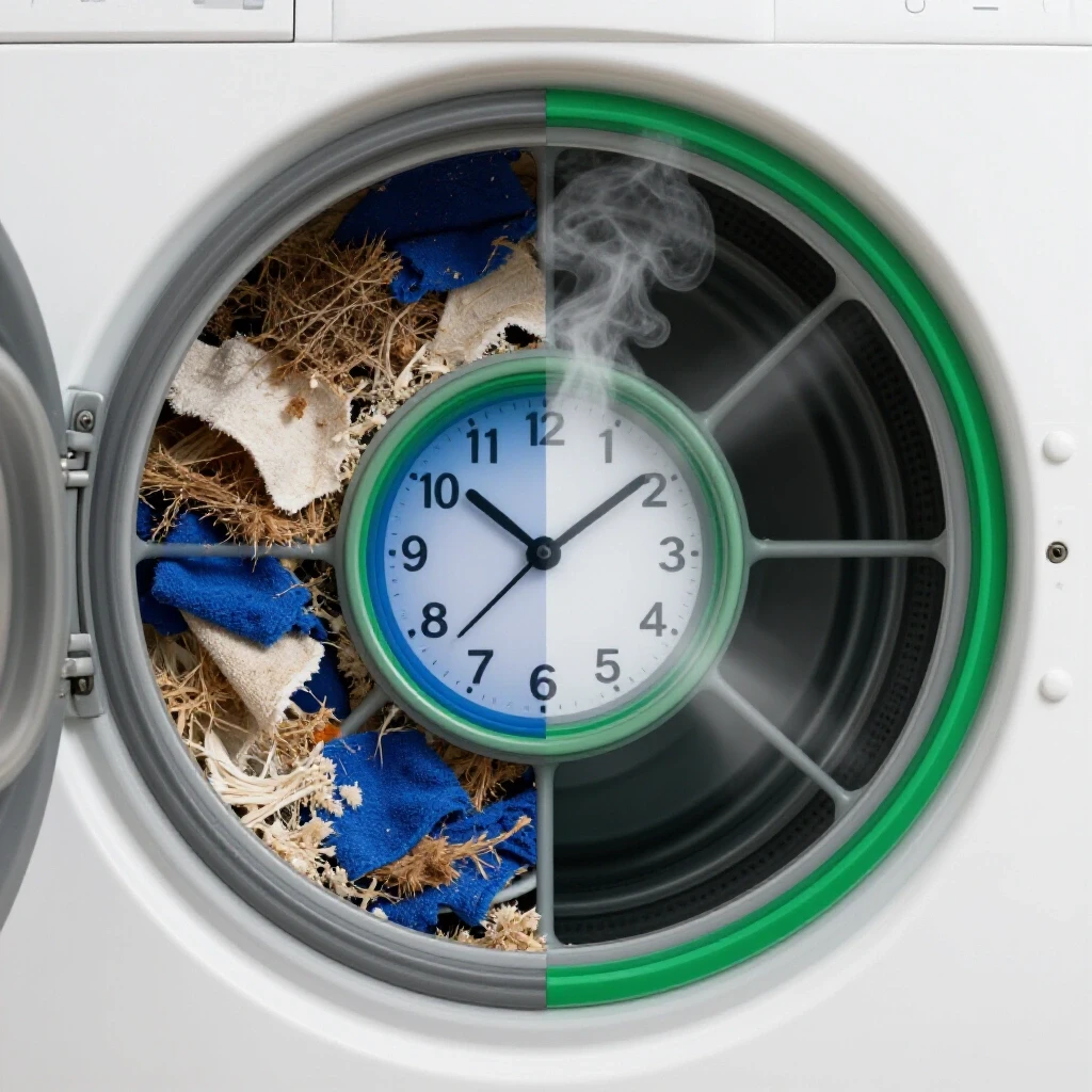 A split-image showing a cluttered and clean dryer vent, highlighting airflow issues.