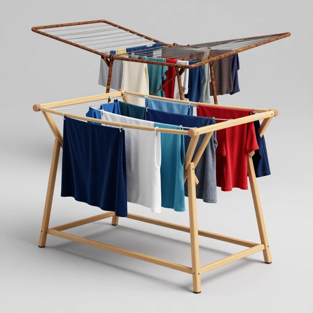 A close-up of a vibrant wooden drying rack with clean laundry against a rusty drying rack background.