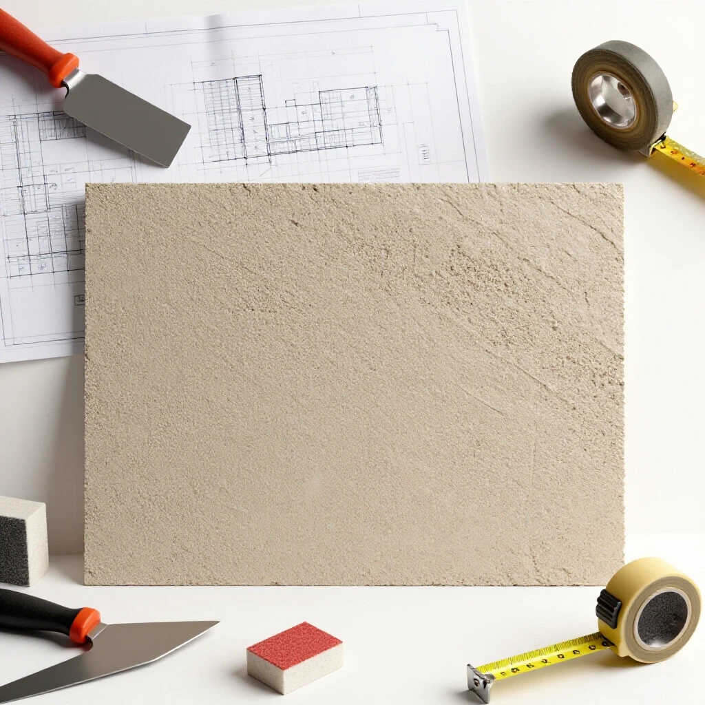 Close-up of a textured drywall patch with scattered tools and a faded blueprint, highlighting DIY home repair.