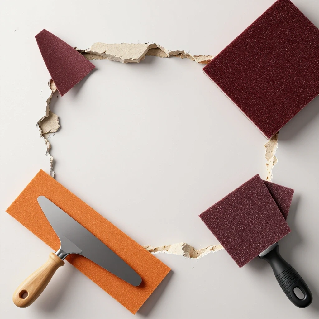 A visually striking image of a repaired drywall displaying rough edges and smooth sections, with repair tools artistically arranged.