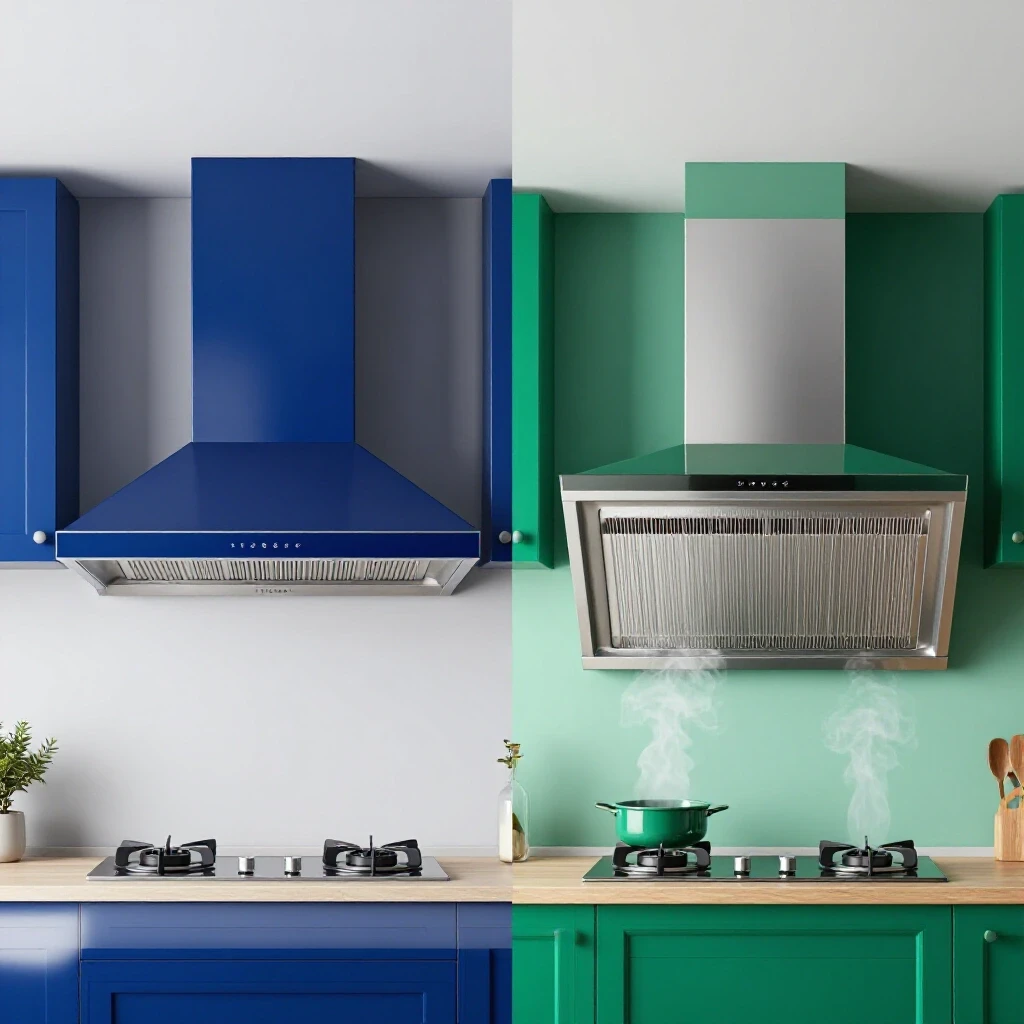 A split-image showing a ducted range hood in royal blue on one side and a ductless range hood in emerald green on the other in a vibrant kitchen setting.