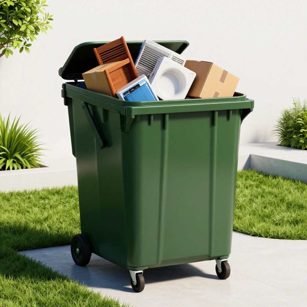 A brightly colored dumpster overflowing with household items set against a serene, tidy backyard, highlighting cleanup costs.
