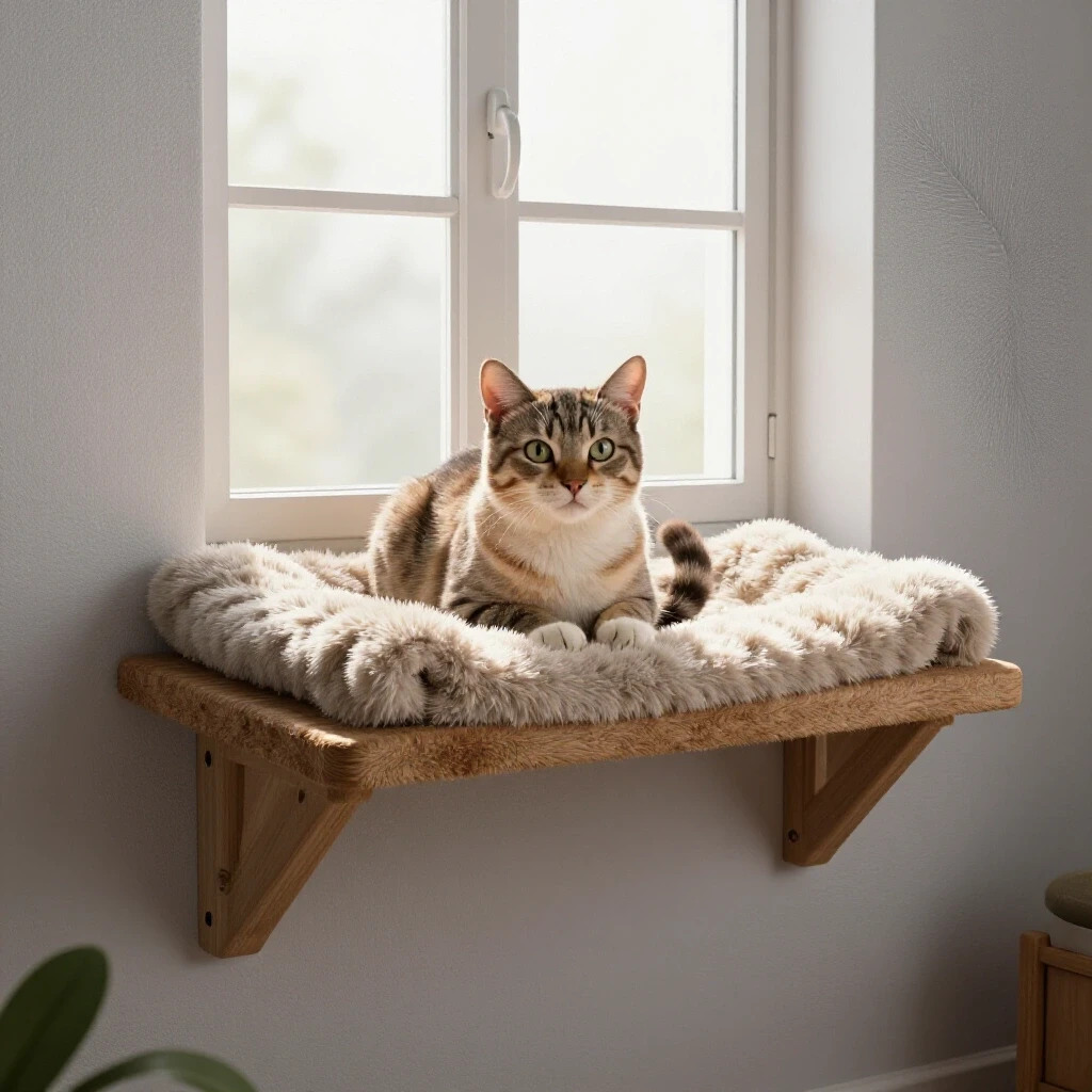 A cozy cat ledge with a plush blanket, illuminated by sunlight, featuring a curious cat peeking over the edge.