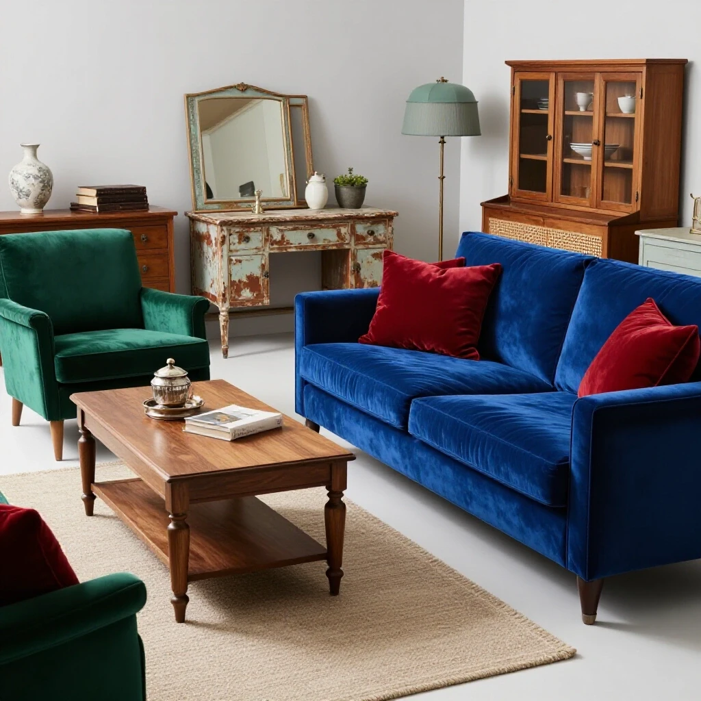 A beautifully arranged living room featuring durable furniture in vibrant colors contrasted with worn-out pieces.