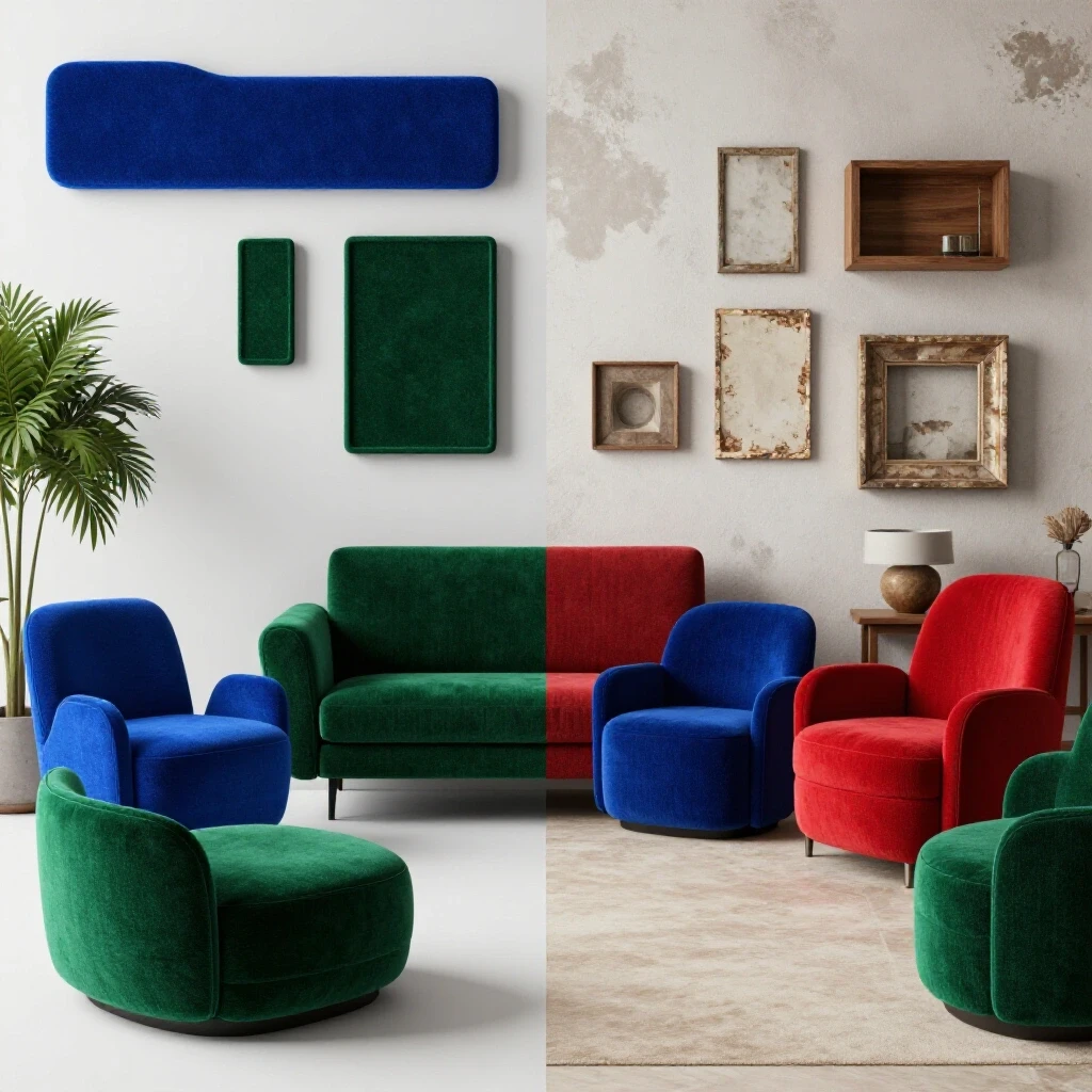A vibrant living space showcasing durable home decor alongside a contrasting faded area demonstrating worn-out style.