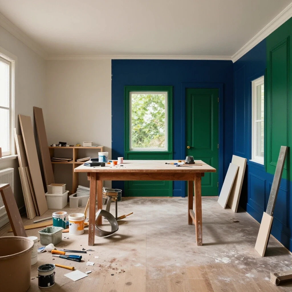 A vibrant split image showing a cluttered DIY workspace on one side and a beautifully finished DIY home project on the other, capturing the essence of home improvement.