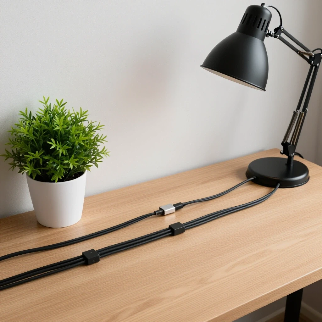 A well-organized minimalist workspace showcasing effective cable management with a desk lamp and plant, in a brightly lit environment.