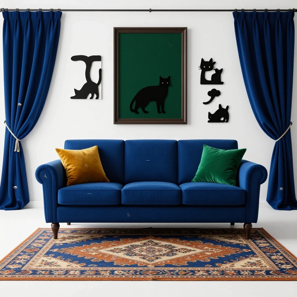 Elegant living room interior showcasing cat damage features like scratched furniture and torn curtains, surrounded by playful cat silhouettes.