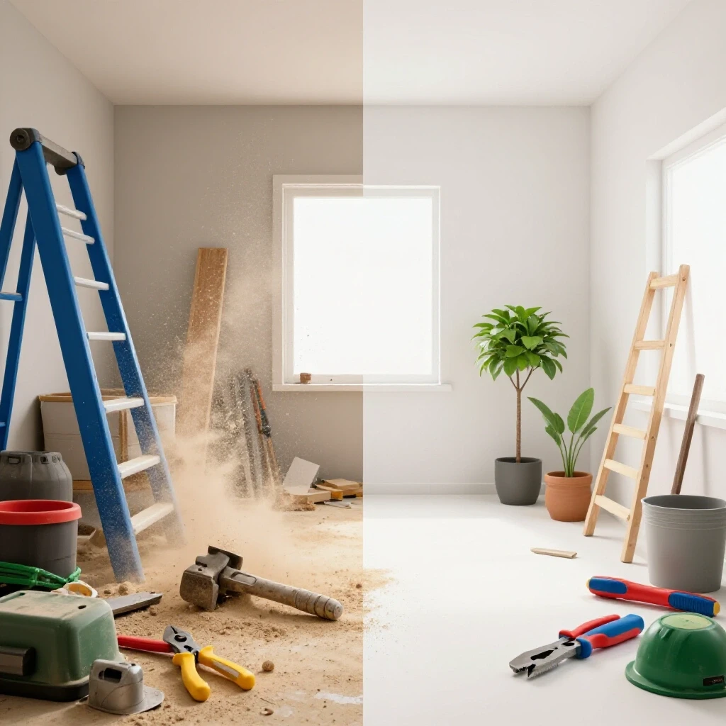 A split image showing chaotic dust-filled renovation on one side and a tidy, clean space on the other, illustrating effective dust control tips.