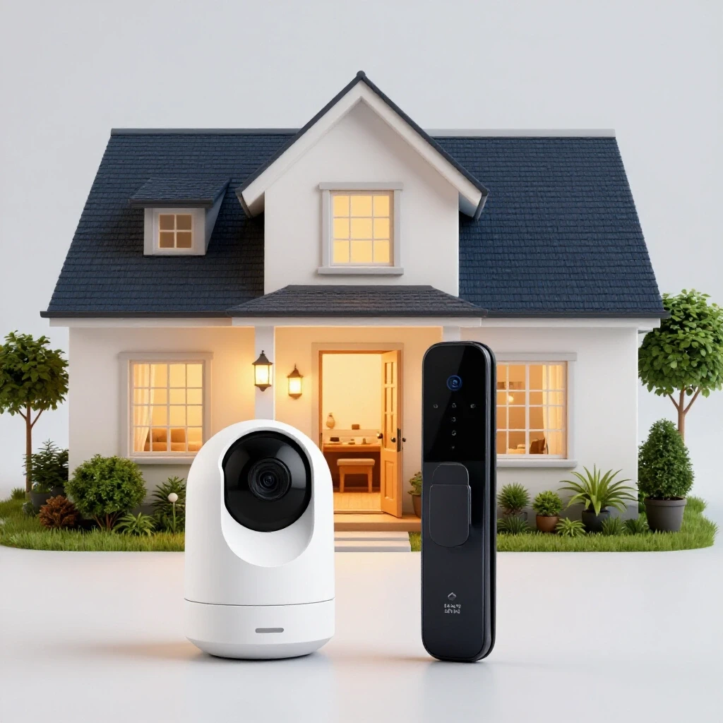 A cozy home with an open front door showcasing a smart security camera and lock, symbolizing safety and innovation.