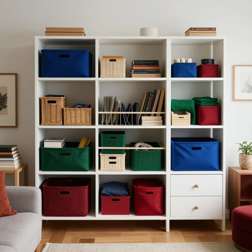 Organized shelves and drawers in a cozy living space with innovative storage solutions and scattered items.