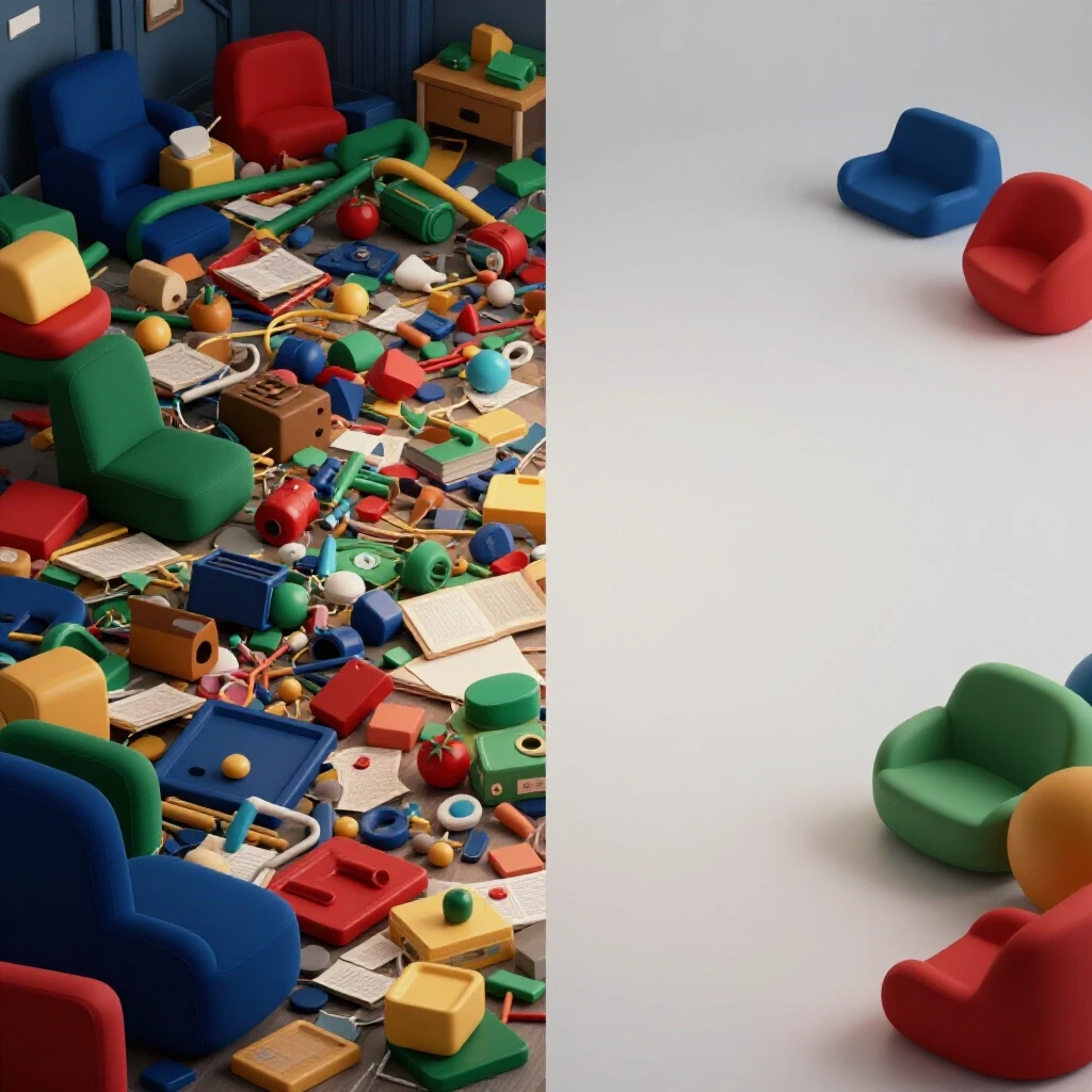 A split scene showing a chaotic room on one side and a serene, clean space on the other, illustrating a house cleaning transformation.
