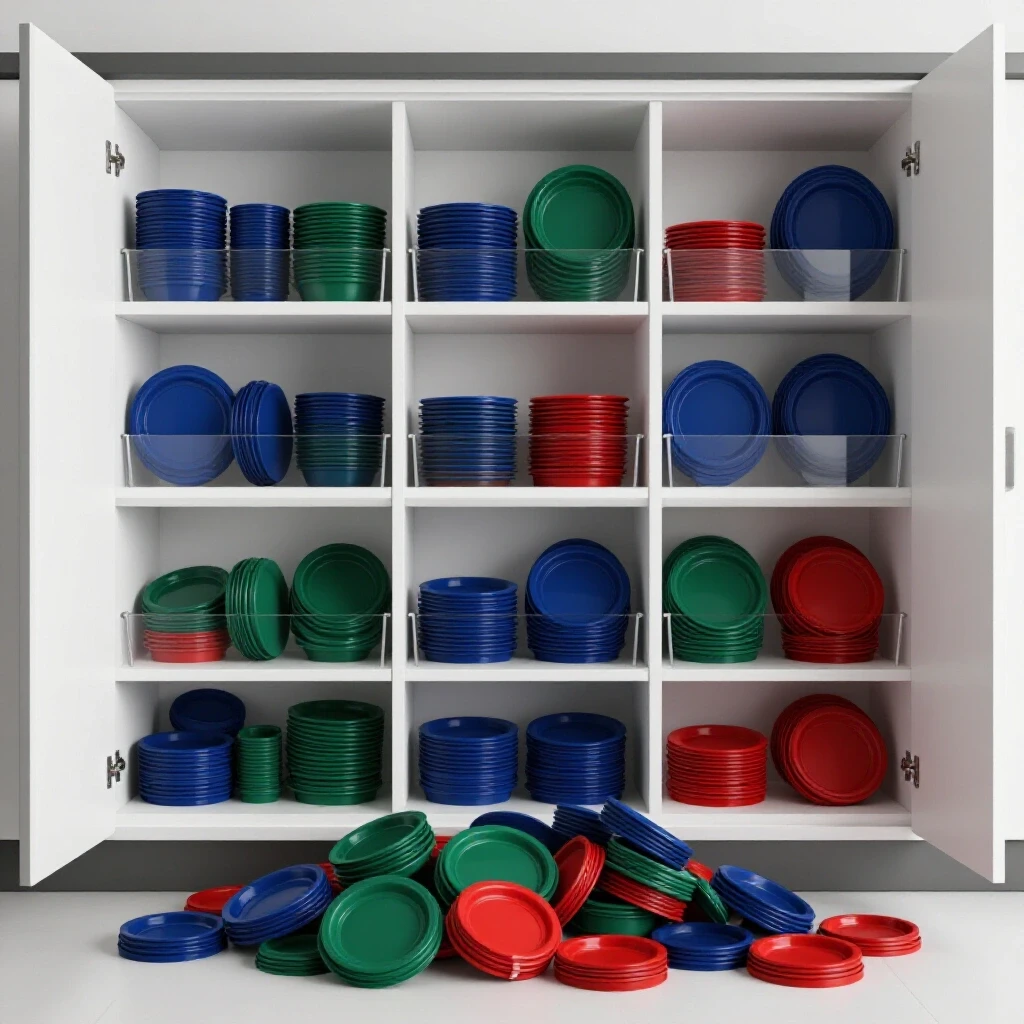 An organized kitchen cabinet showcasing an array of colorful lids in various sizes with dividers, set against a bright background.