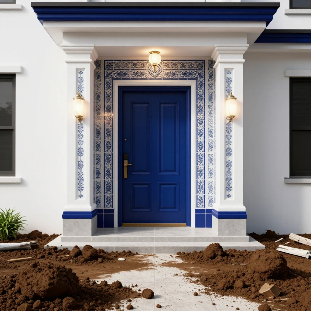 Contrasting image of a pristine home entrance beside a chaotic mud and dirt scene, illustrating effective management of debris.
