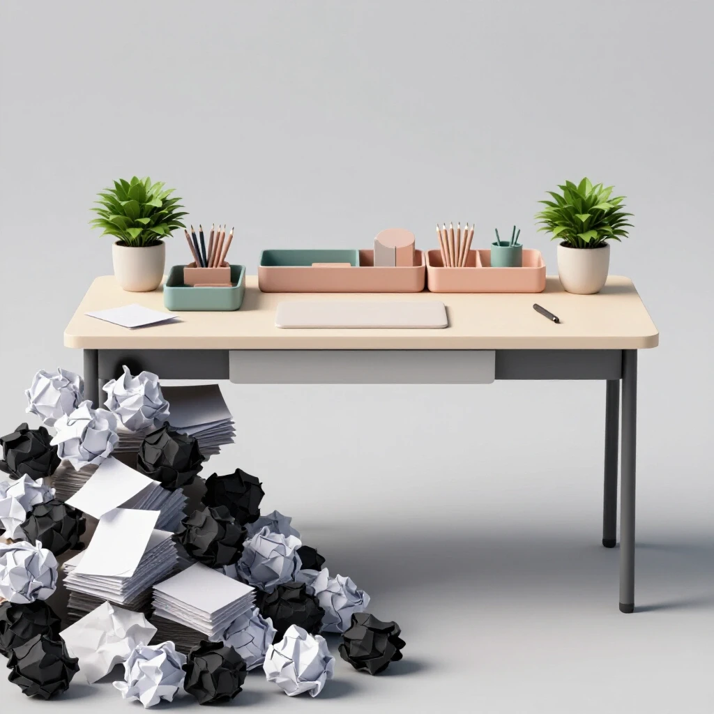 An organized workspace with stylish trays contrasts with a pile of crumpled papers, highlighting paper clutter solutions.