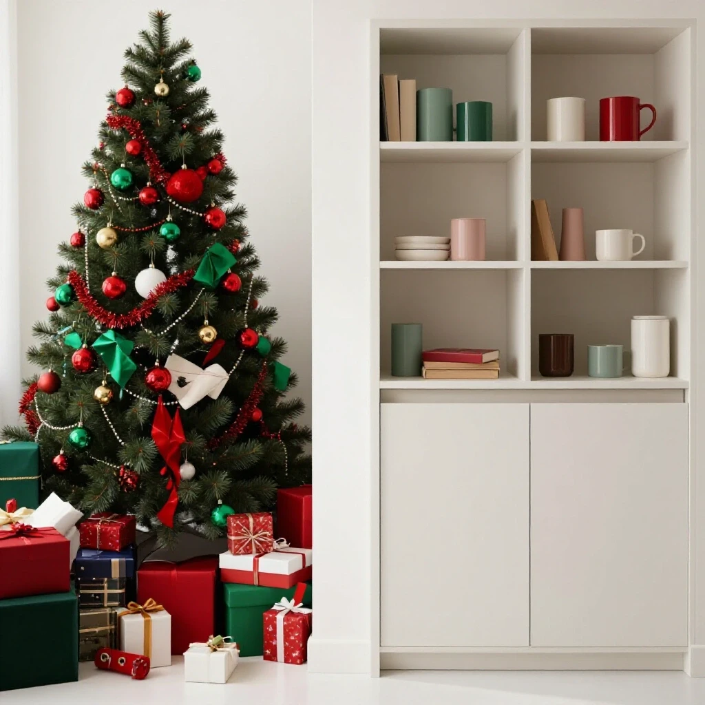 A beautifully divided living space showcasing chaotic holiday clutter on one side and a serene organized area on the other, highlighting decluttering.