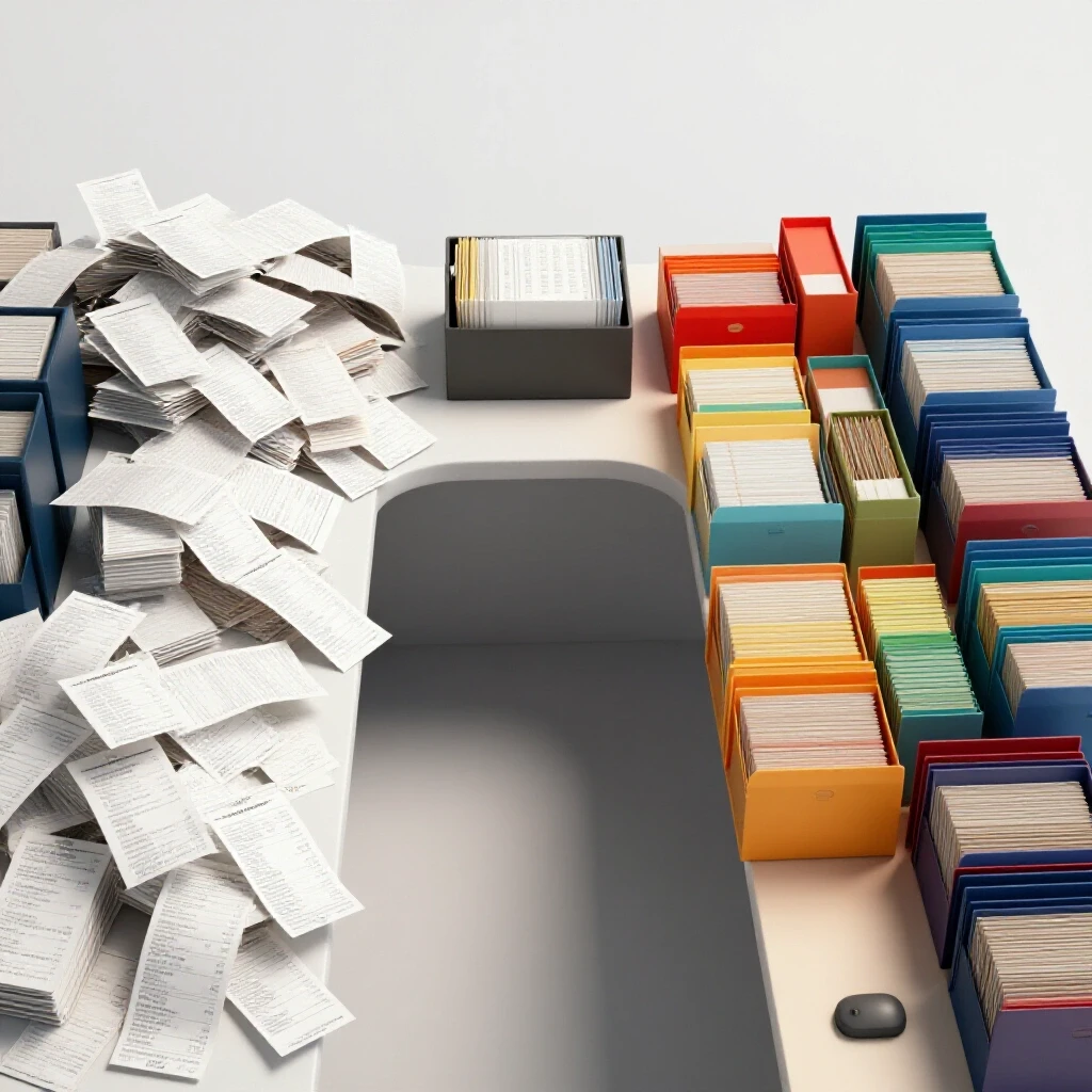 A visually striking image of disorganized receipts on one side of a desk and neatly arranged receipts on the other, demonstrating effective organization.