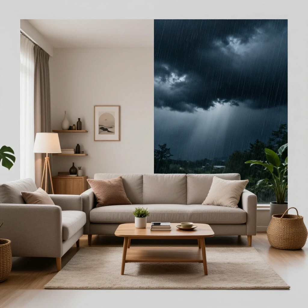A split-image showcasing a cozy living room contrasting with a dramatic storm outside, symbolizing home safety preparations.