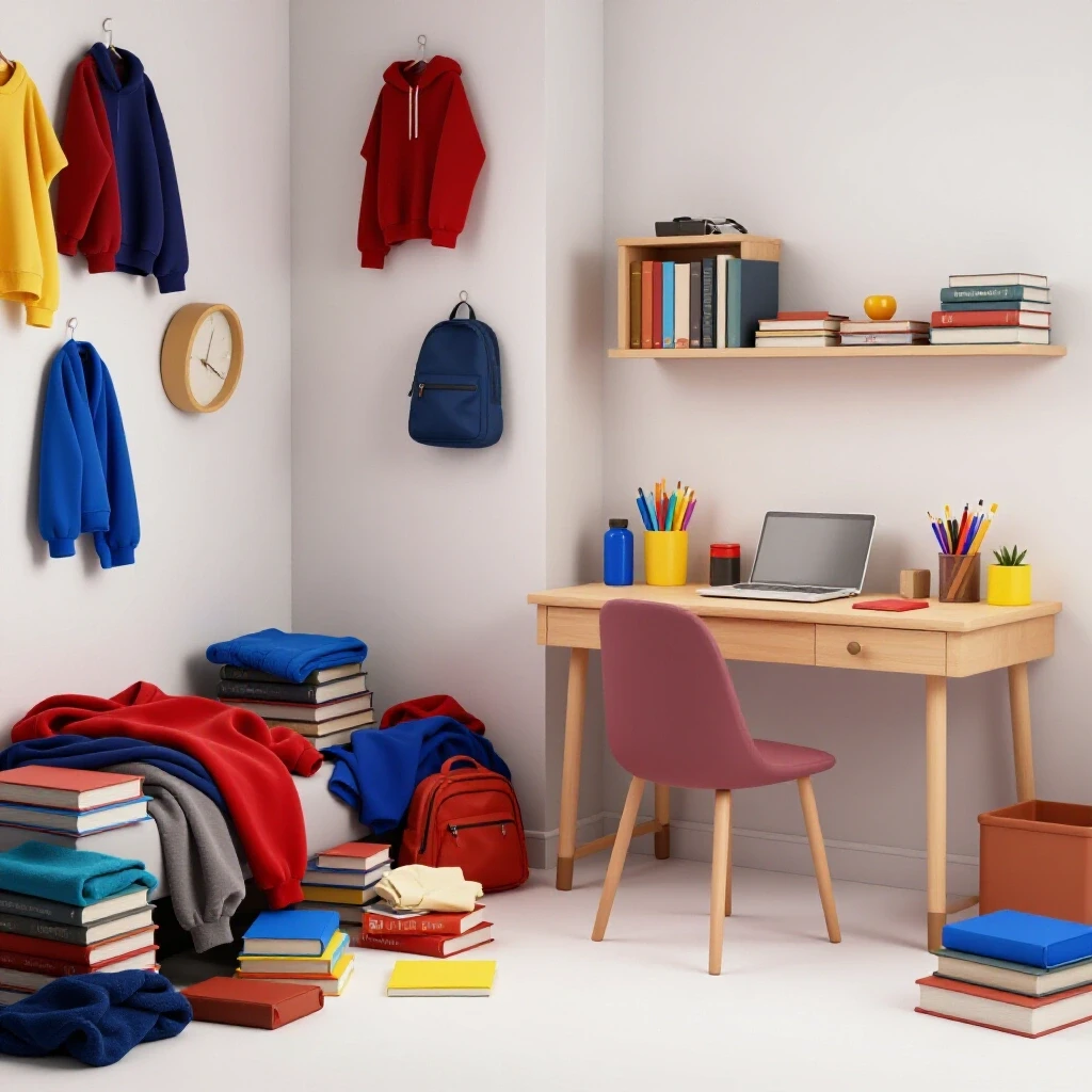 A vibrant teen room showcasing a chaotic corner and an organized workspace, emphasizing effective organization ideas.