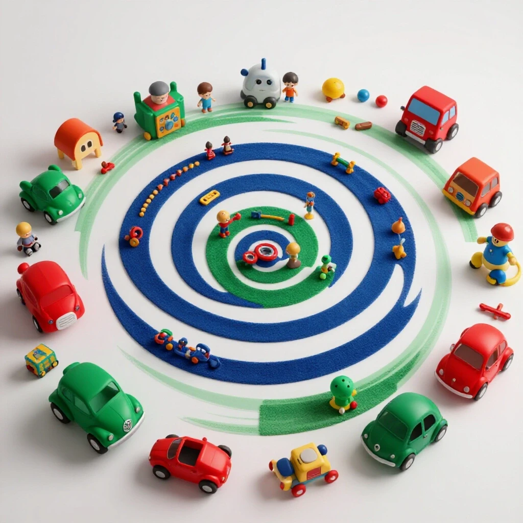 A vibrant playroom scene featuring a rich arrangement of toys in circular patterns, emphasizing a toy rotation system.