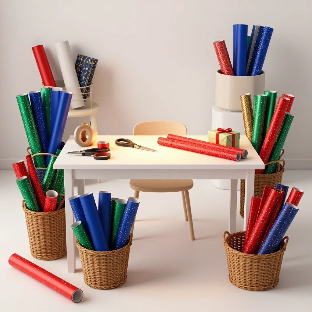 A vibrant and organized wrapping station featuring colorful wrapping papers, ribbons, scissors, and a partially wrapped gift.
