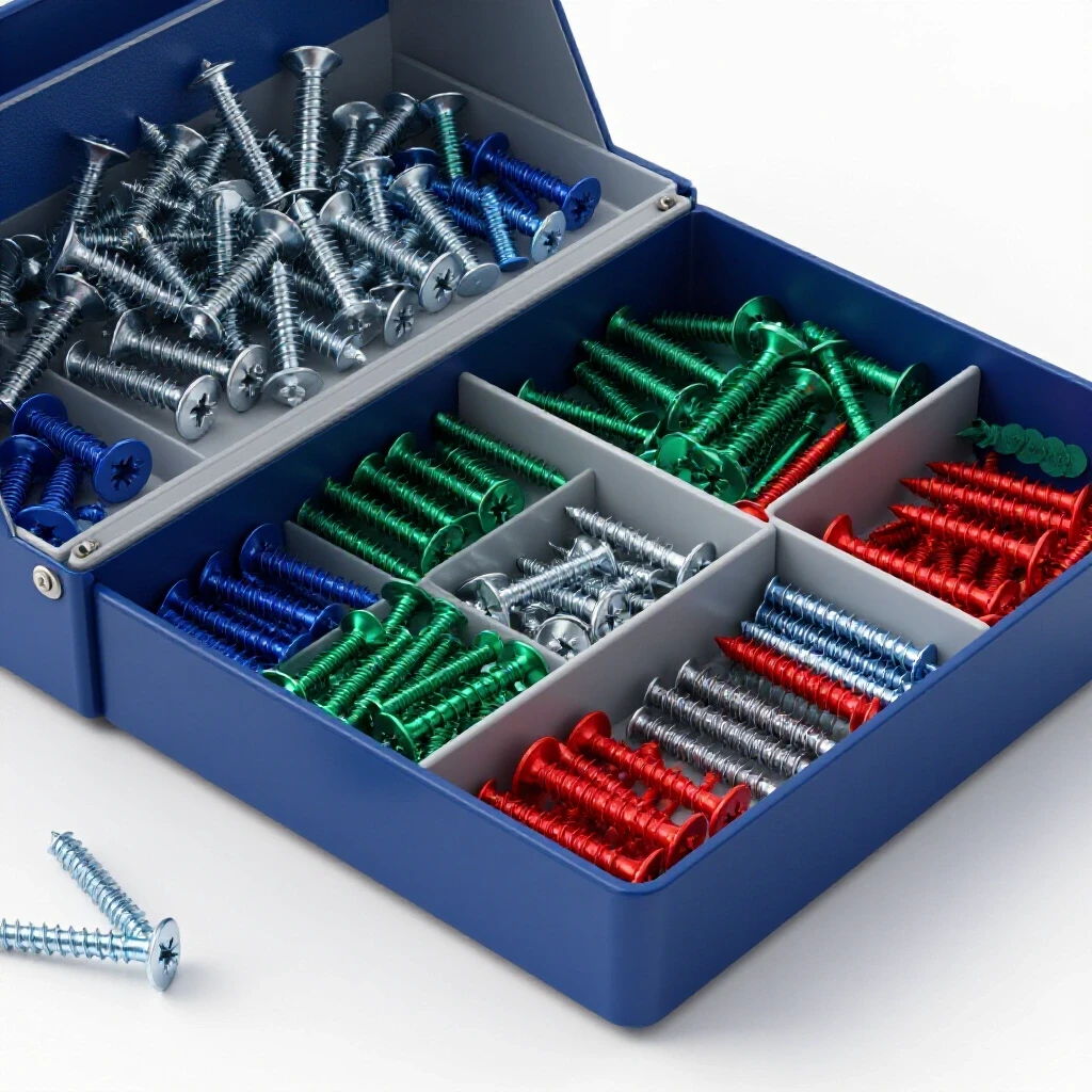 A vibrant 3D image of an organizer filled with disordered screws and nails alongside a neatly sorted section.