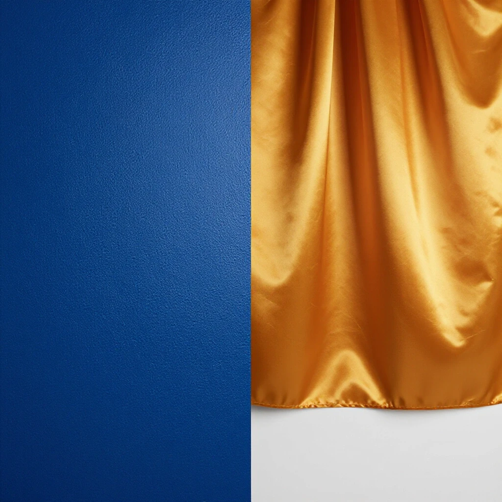 Comparison of vibrant eggshell wall in royal blue with satin wall in intense amber, highlighting texture and sheen differences.