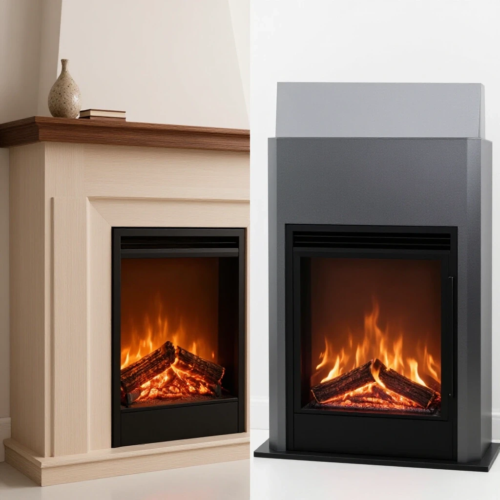 A split-image of a cozy electric fireplace with glowing embers next to a sleek modern gas fireplace, highlighting design contrasts.