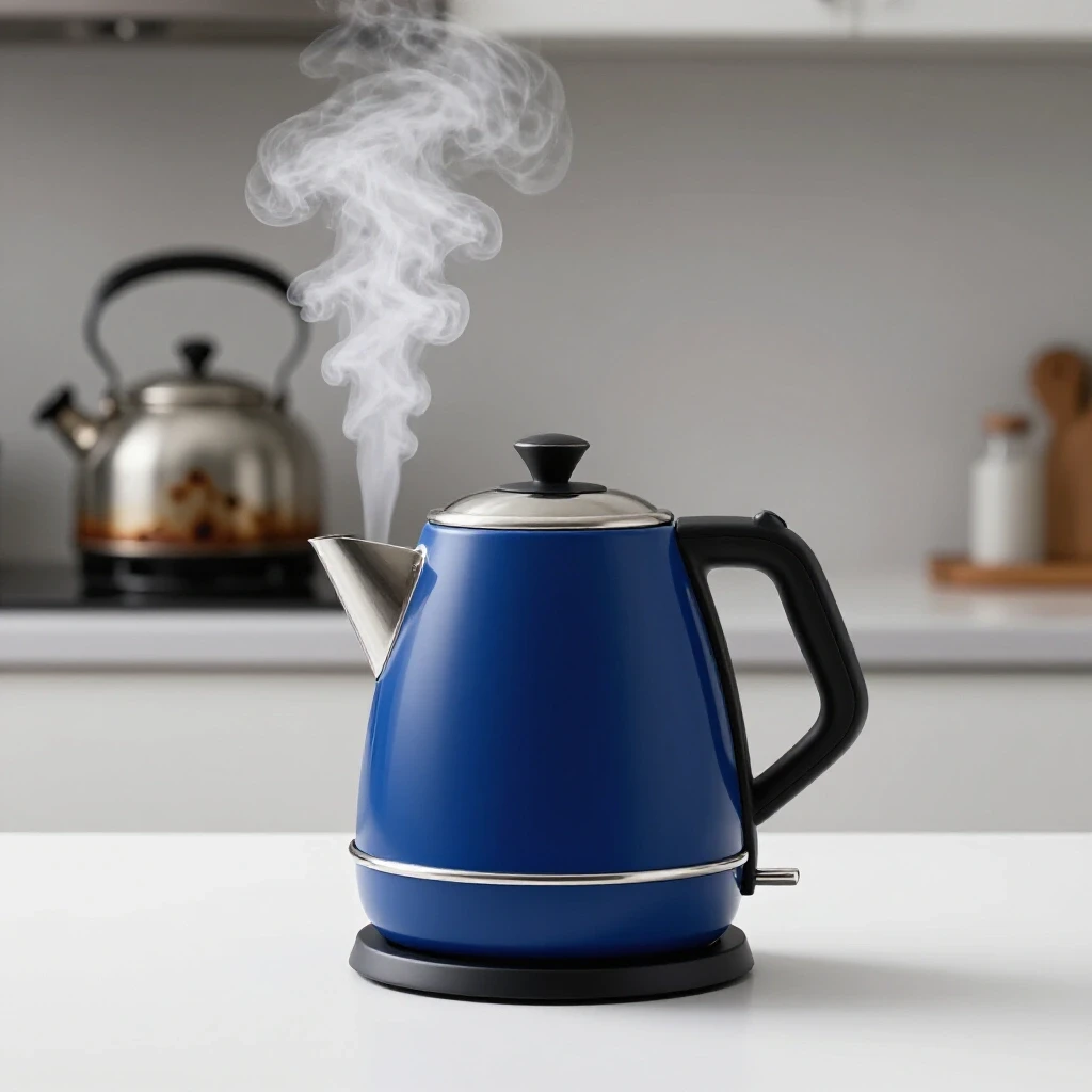 A sleek blue electric kettle with steam rising from its spout, showcasing a contrast with an old kettle in a blurred kitchen background.