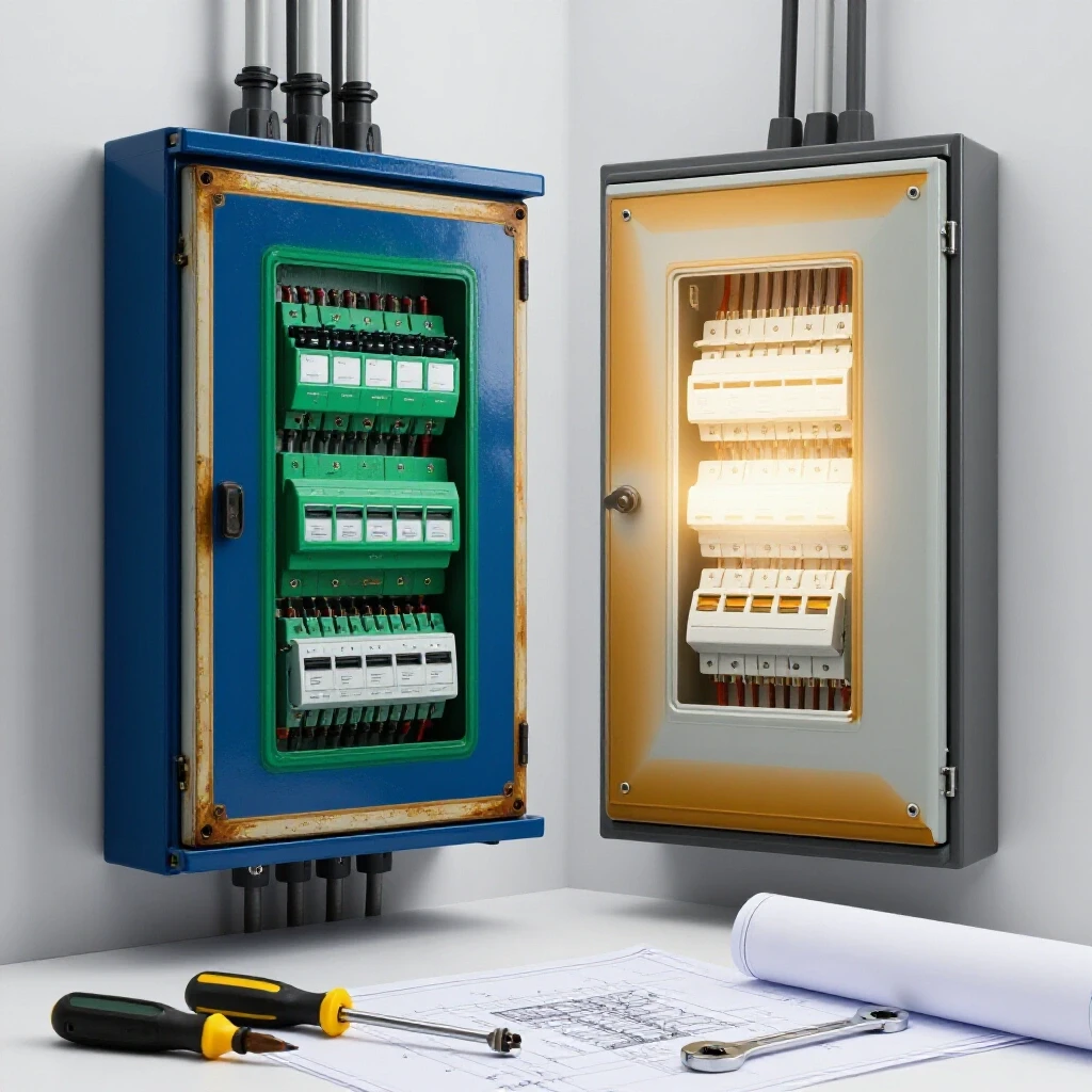 A bright, clean studio scene showing a traditional electrical panel and a modern panel emitting light, with tools and blueprints in the foreground.