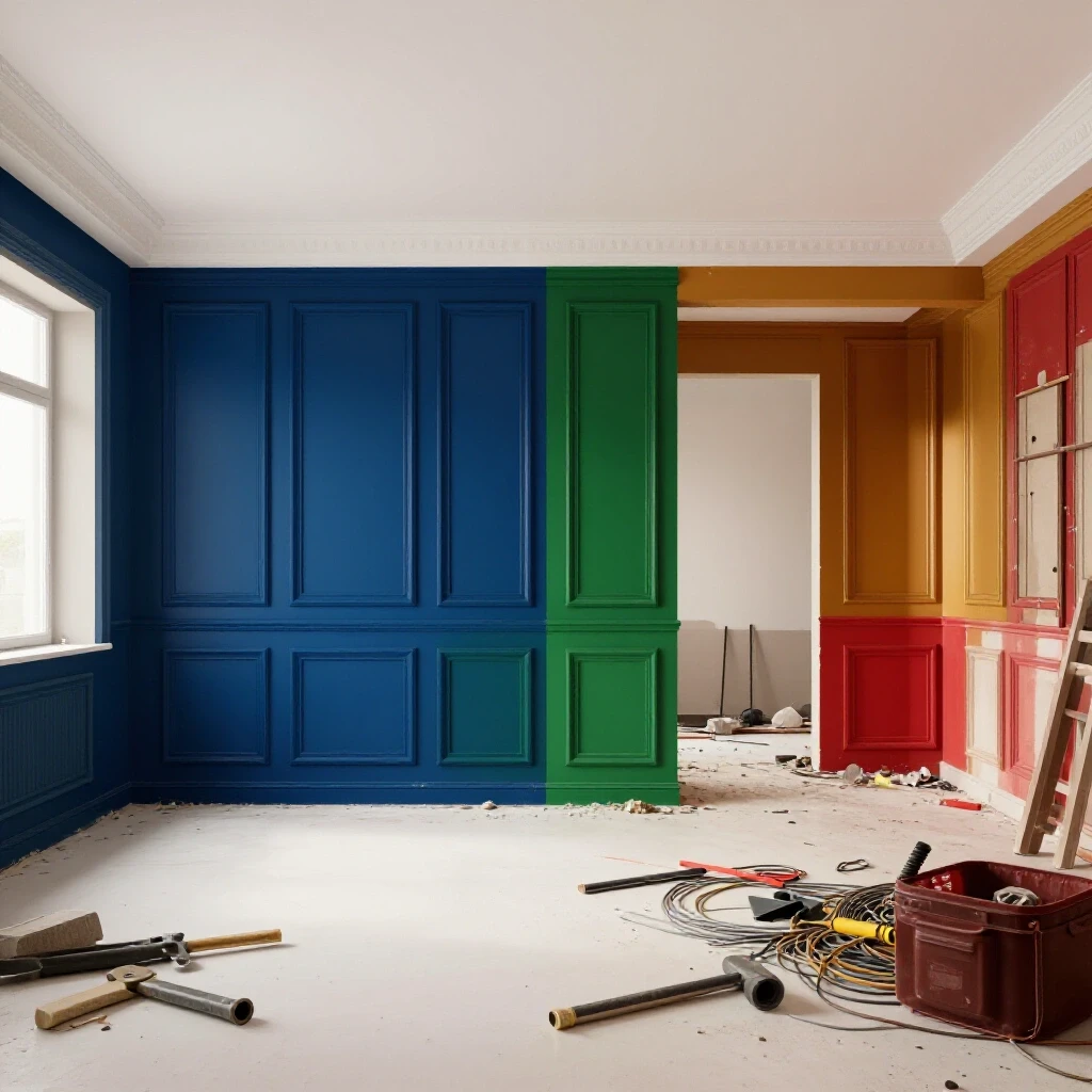 A split scene showing a stunningly renovated room beside a chaotic construction site, highlighting electrical work contrasts.