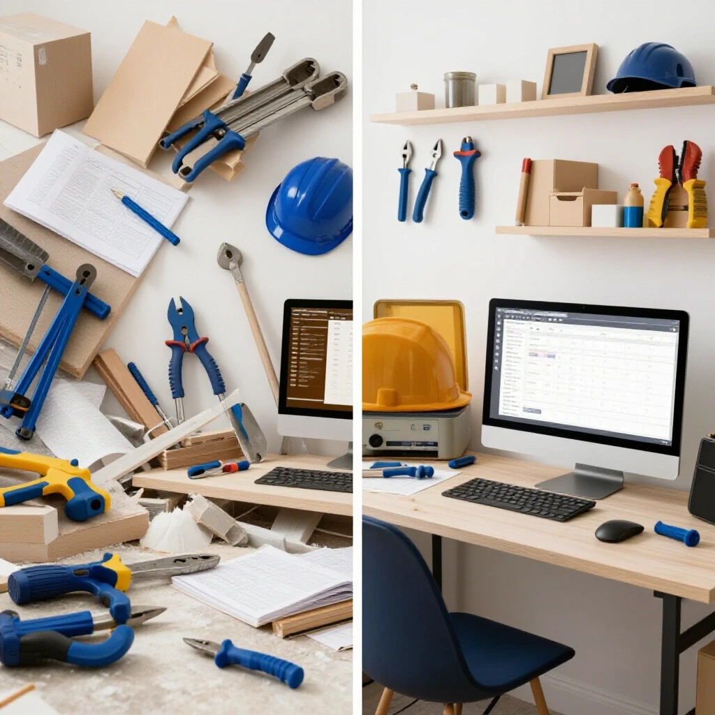 A dynamic contrast between a chaotic renovation scene and an organized workspace highlighting efficient electrician scheduling.