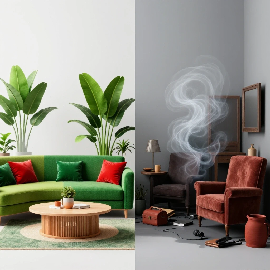 A vibrant living space contrasted with a dark, cluttered corner representing lingering house odors.