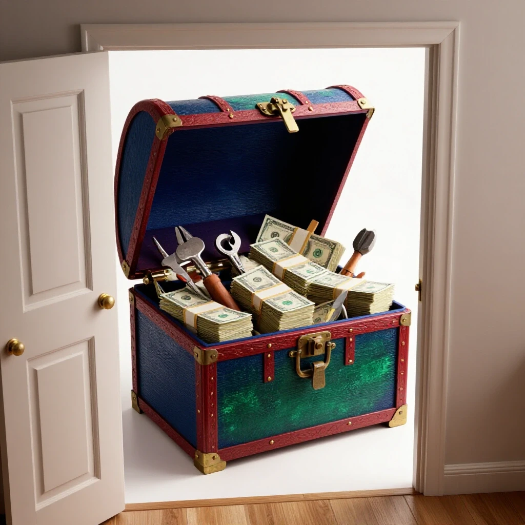 A cozy home with an open door revealing a treasure chest filled with tools and cash, symbolizing emergency repair funds.