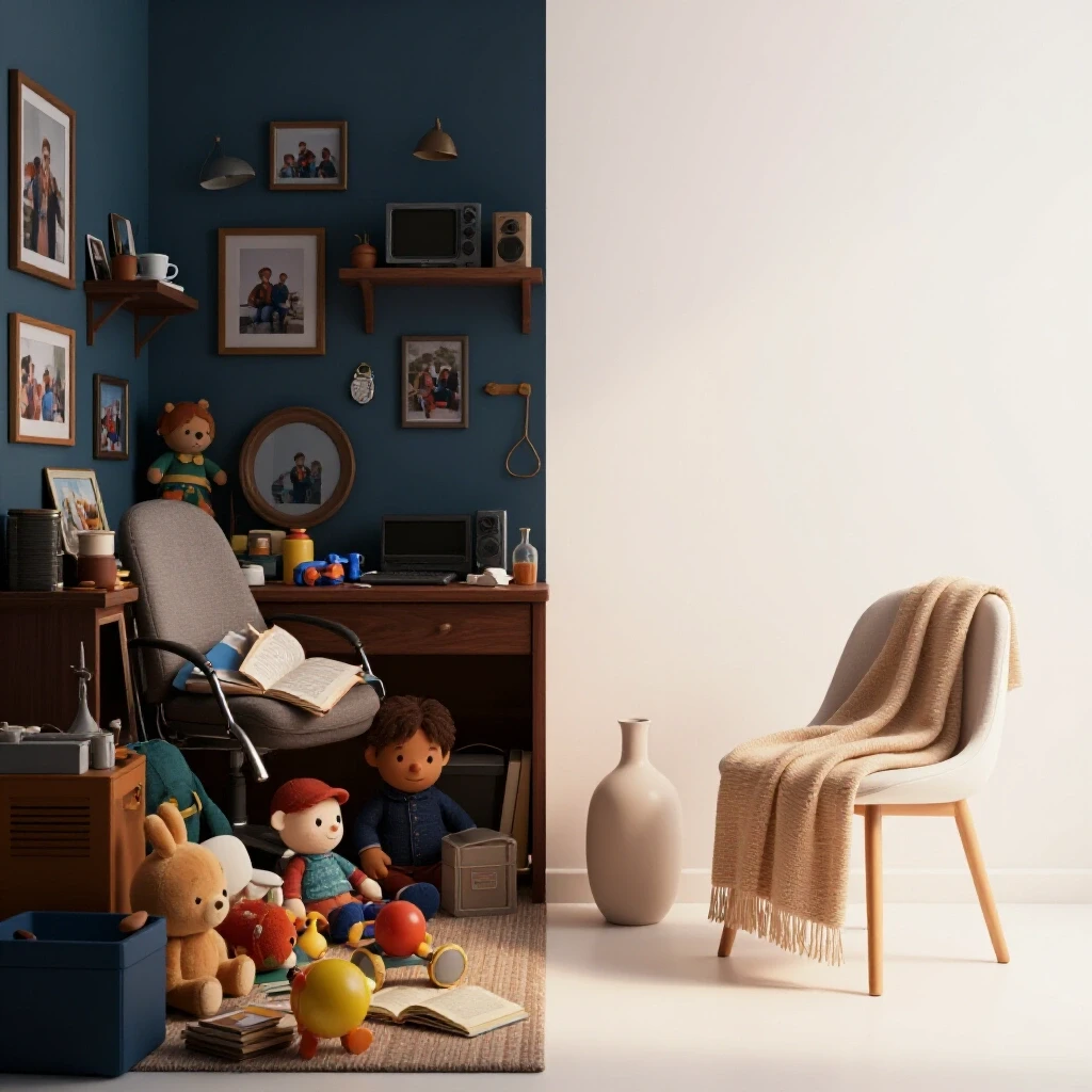 A split image contrasting a cluttered chaotic room filled with items and a serene minimalist space, highlighting decluttering themes.
