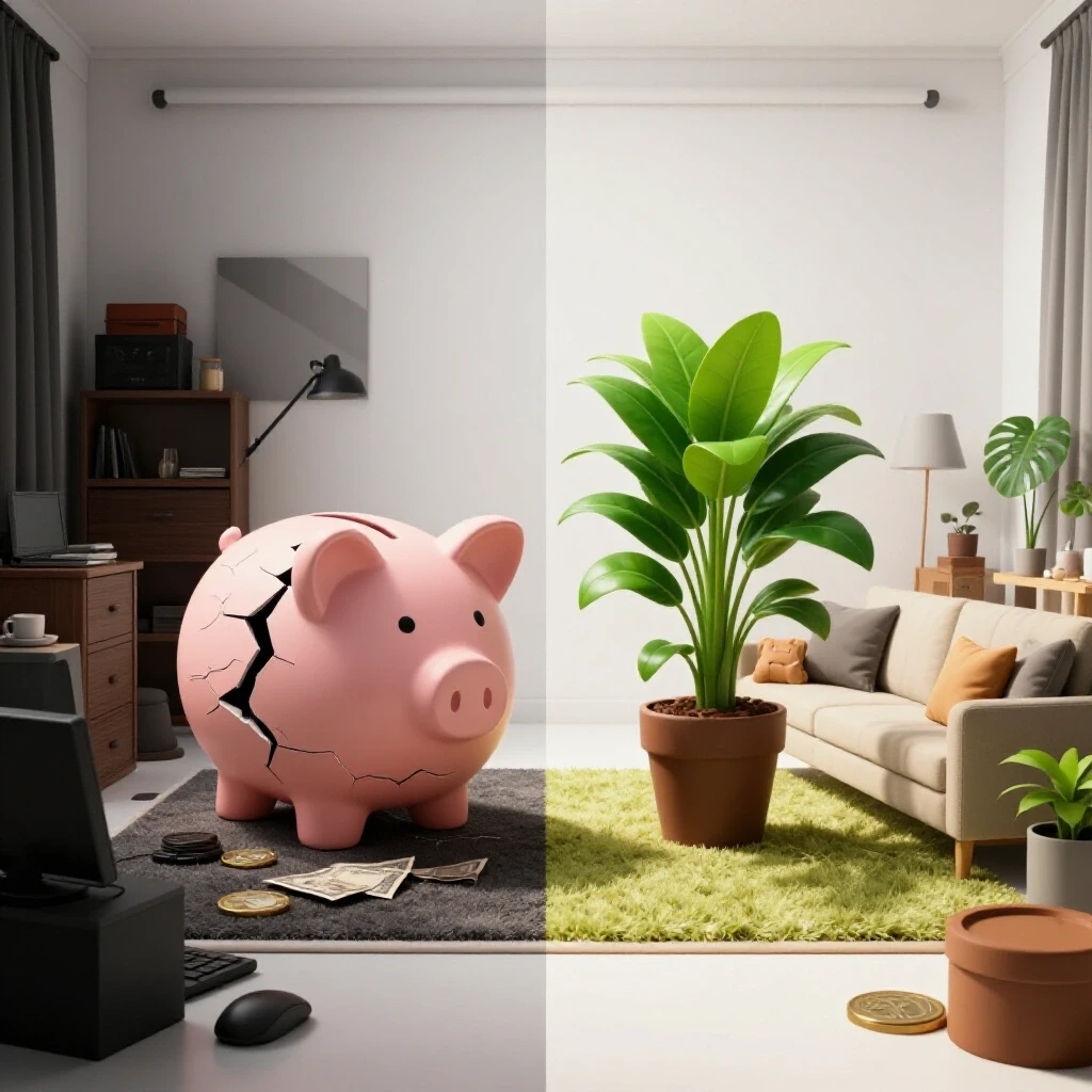 A comparison of a cluttered, dark-toned room with a cracked piggy bank and a bright, efficient space with a flourishing plant, illustrating energy-saving transformations.