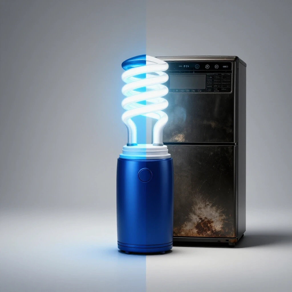 Split-image of glowing energy-efficient appliance and dark outdated appliance, demonstrating energy savings contrast.