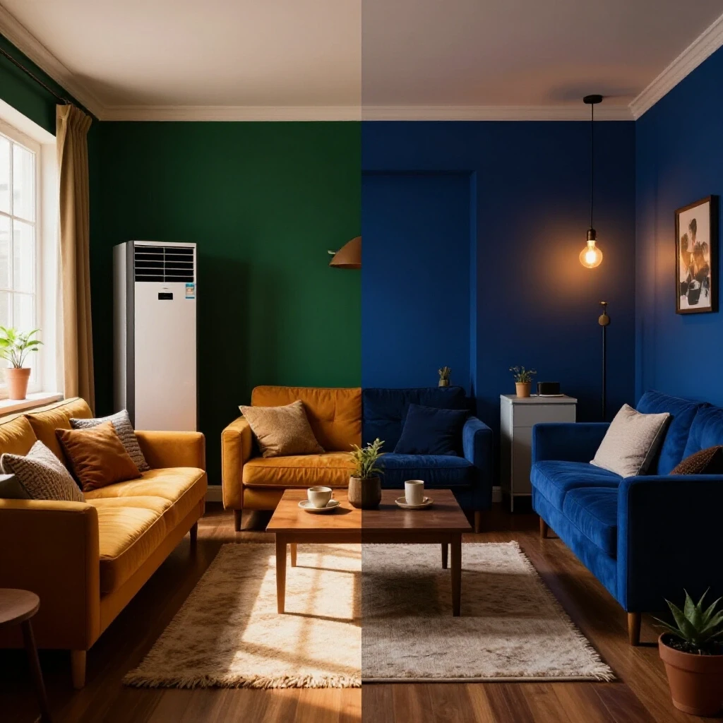 A split living room image showing the contrast between a bright, energy-efficient space and a dim, cluttered area.