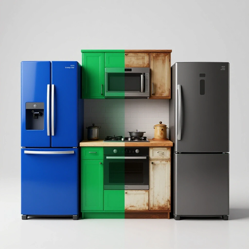 A visually striking kitchen split in half, highlighting modern Energy Star appliances in bright colors versus outdated appliances in dull tones.