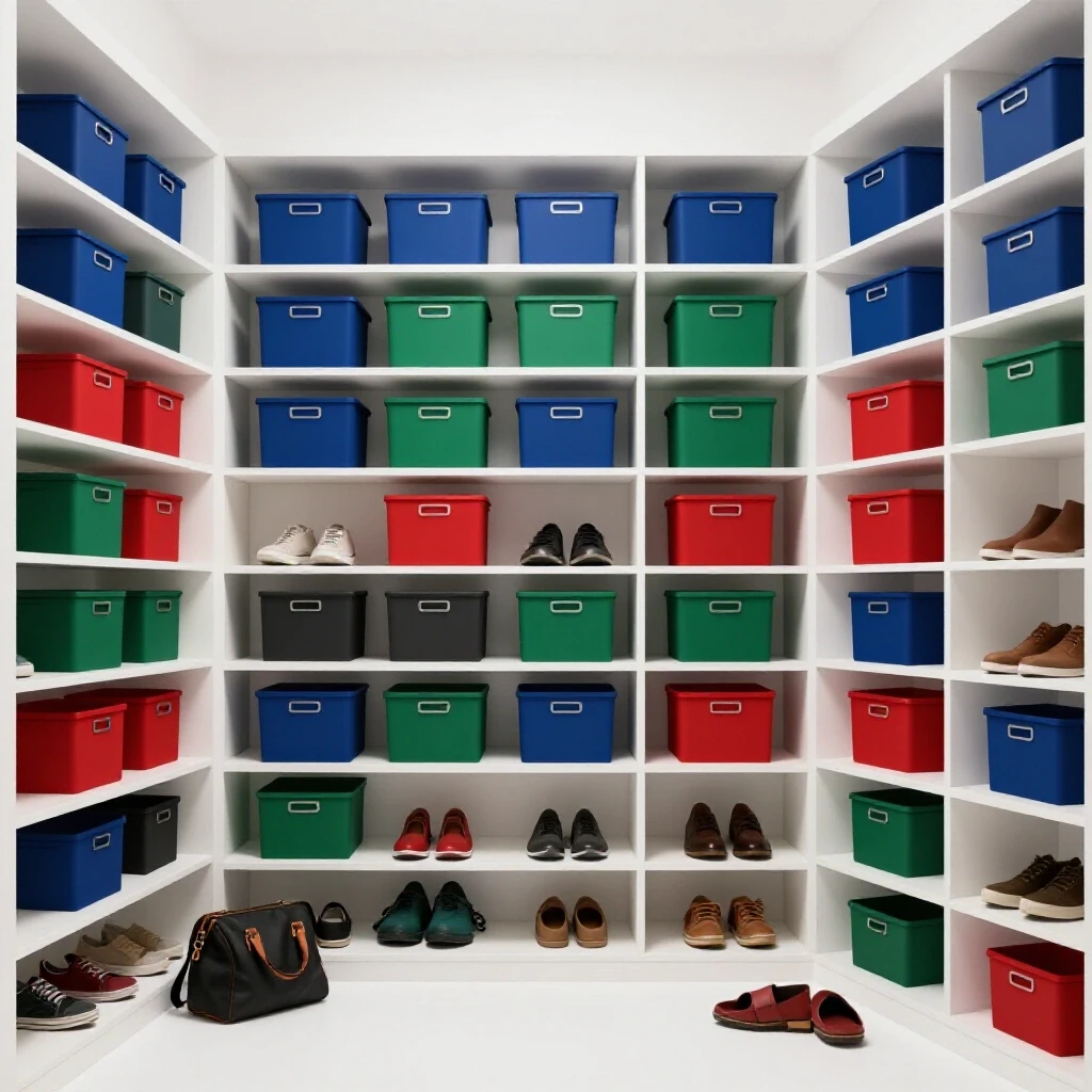 A well-organized entryway closet with neatly arranged storage bins in vivid colors alongside scattered shoes and bags.