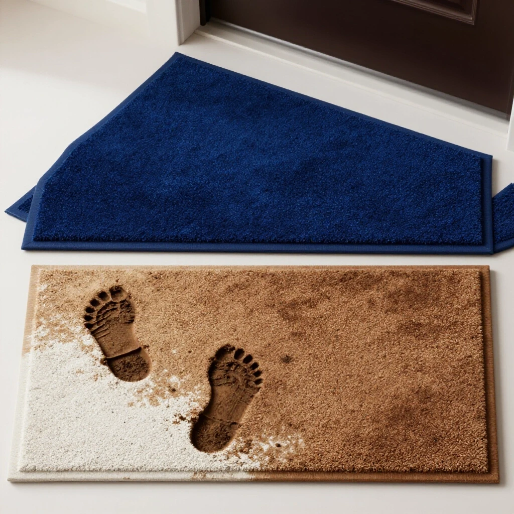 A striking visual contrasting a worn entryway mat with a pristine new mat, showcasing textures and colors in a bright setting.