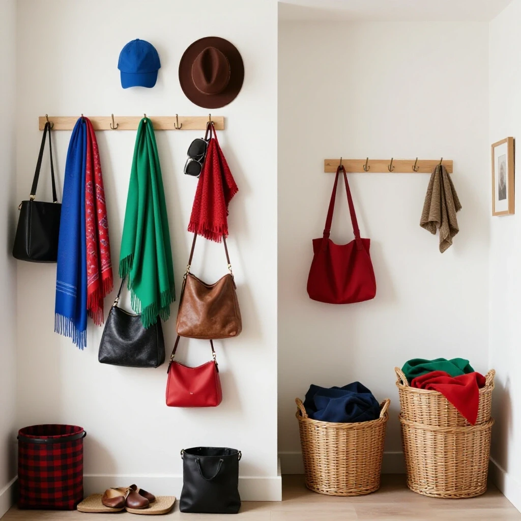 A split entryway scene featuring chaotic wall hooks with accessories on one side and organized baskets on the other, showcasing contrasting organization methods.