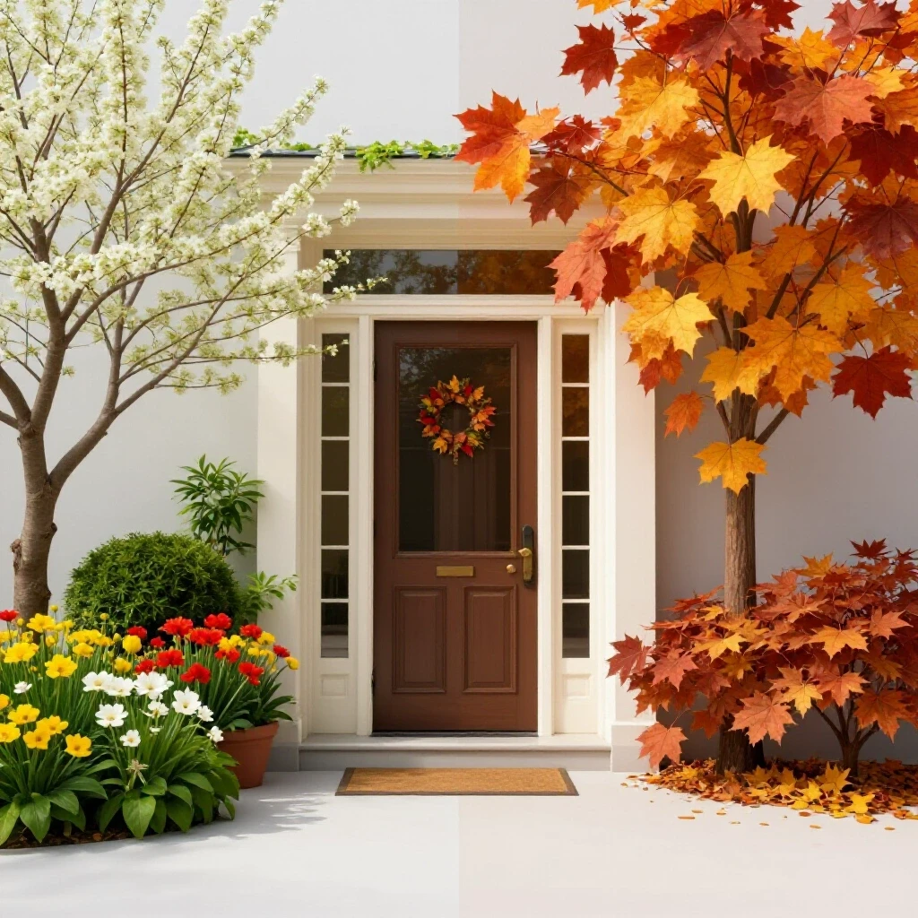 A beautifully decorated entryway split between vibrant spring flowers and cozy autumn leaves, showcasing seasonal transitions.
